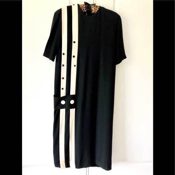 VTG 90s/20s designer Color block black & ivory dress Pleat & button detail sz 8. - Picture 4 of 12